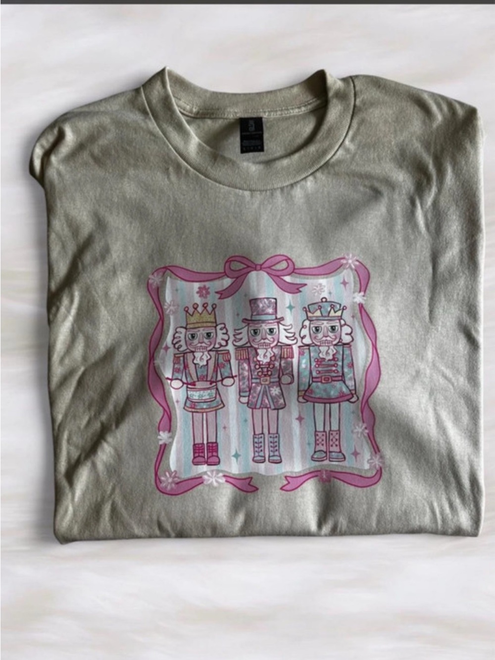 Gildan Beige Short Sleeve Tee with Pink & Mint Nutcracker DTF Print